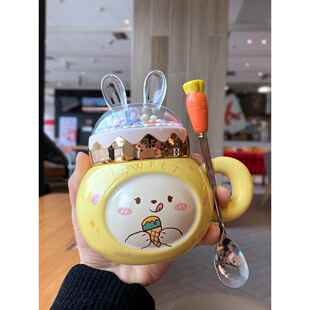 水杯女生b高颜值红色马克杯带盖勺兔年陶瓷水杯早餐牛奶咖啡杯可