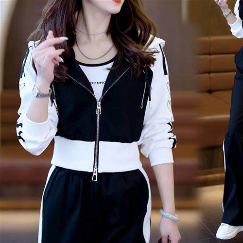 薄款休闲运动服套装女2025春秋季新款连帽卫衣开衫阔腿裤两件套潮