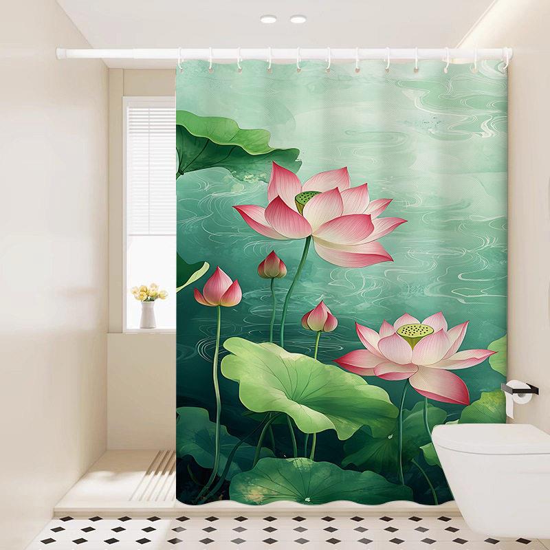 卫浴隔断中式荷花防水浴帘免打孔淋浴房洗澡布帘加厚垂坠卧室窗帘
