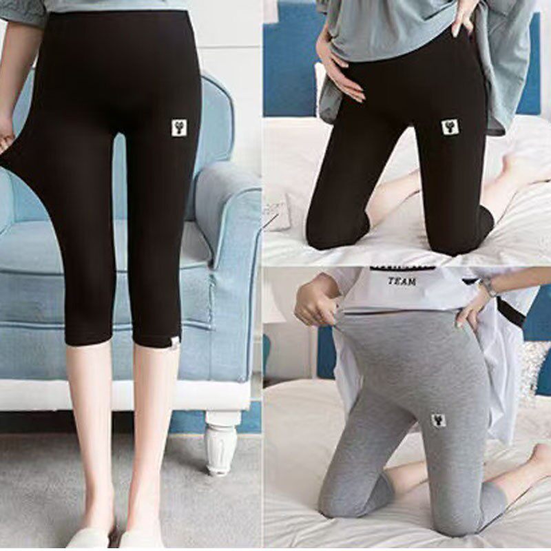 孕妇夏季薄款七分裤孕妈咪外穿时尚大码遮肚不显怀高腰托腹打底裤