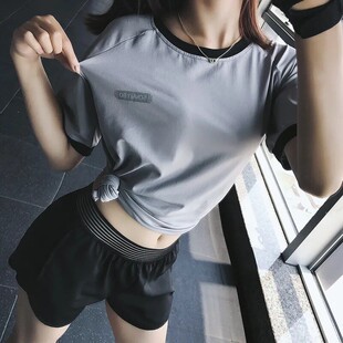 速干瑜伽服上衣女夏季胖mm宽松大码运动罩衫T恤健身晨跑步短袖