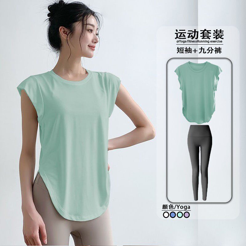 瑜伽背心上衣女宽松显瘦遮肉跑步收腰提臀九分裤运动短袖健身t恤