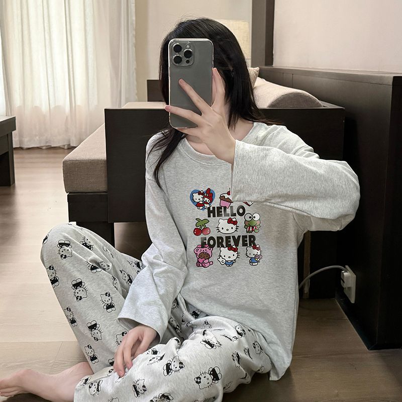 日本品质睡衣女春秋季薄款纯棉圆领长袖长裤可爱卡通休闲家居服套