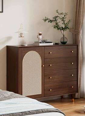 五斗柜客厅储物柜抽屉柜餐边黑色室轻&实TTK木M意式藤编斗柜卧收