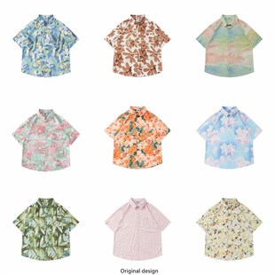 衬衣 情侣短袖 vintage油画港风复古碎花衬衫 男夏威夷度假宽松夏季