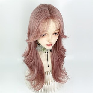 粉色手勾假发吴慧拉cos大波浪中分长卷发蕾丝钩织女全头套日常彩