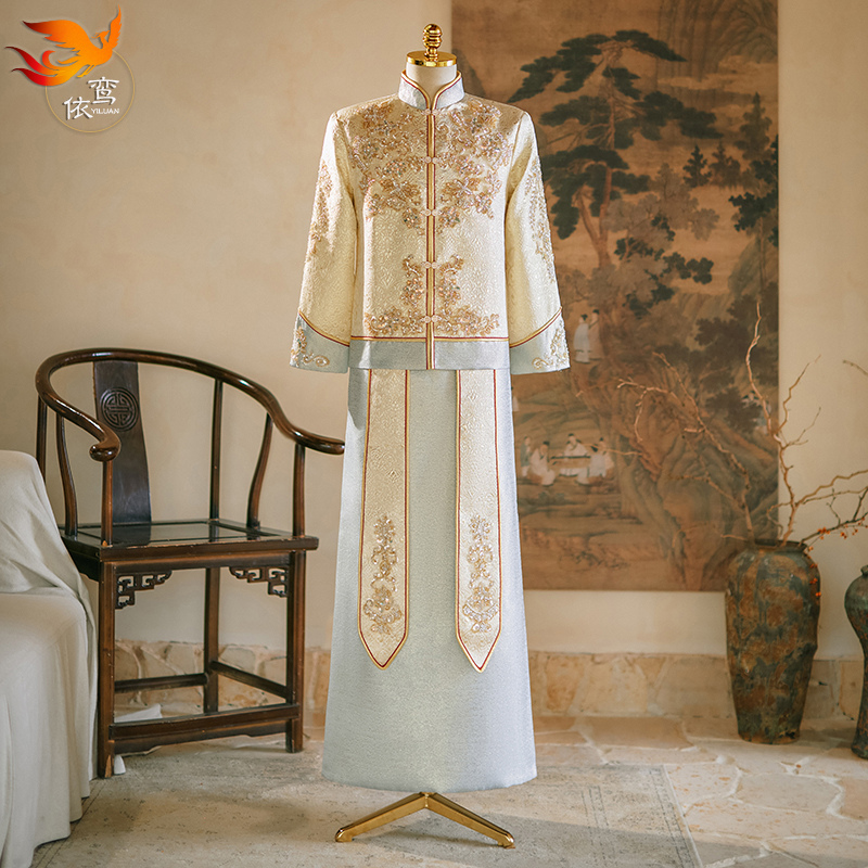 中式婚服秀禾服男士2024新款香槟色新郎服结婚接亲礼服唐装龙凤褂