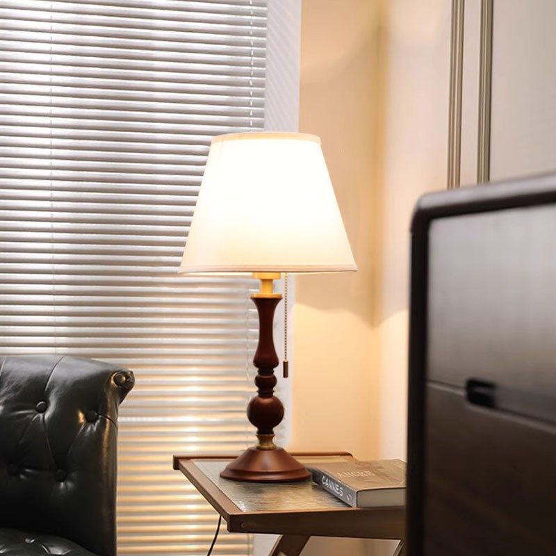 中古美式实木小台灯书房卧室床头灯客厅氛围灯侘寂风布艺复古拉线