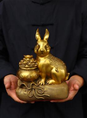 纯铜十二生肖之一聚宝盆兔子吉祥铜器摆件室内办公室桌面摆放用品