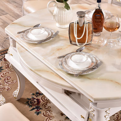 欧式实木餐桌方桌变圆桌复古小户型六人两用大理石餐台多功能伸缩