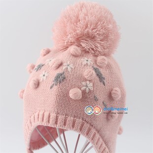 秋冬保暖加绒内里淑女针织宝宝公主毛线帽子 女童护耳绣花帽子