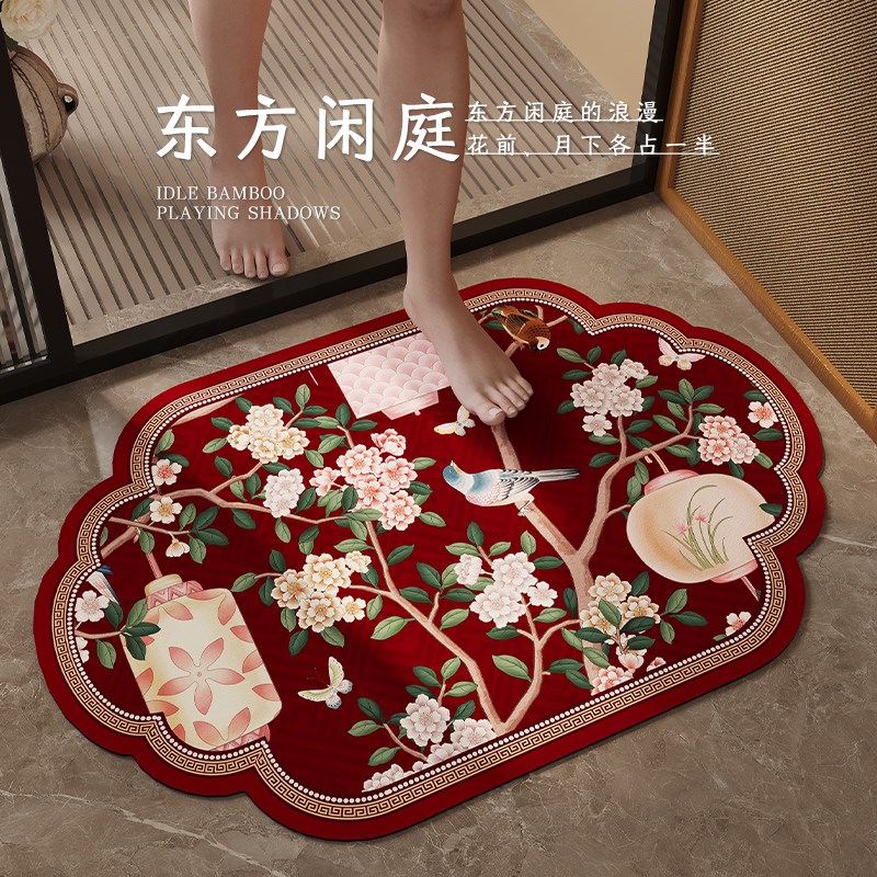 浴室门口地垫中式国风硅藻泥吸水卫生间脚垫入户门进门垫子满庭芳