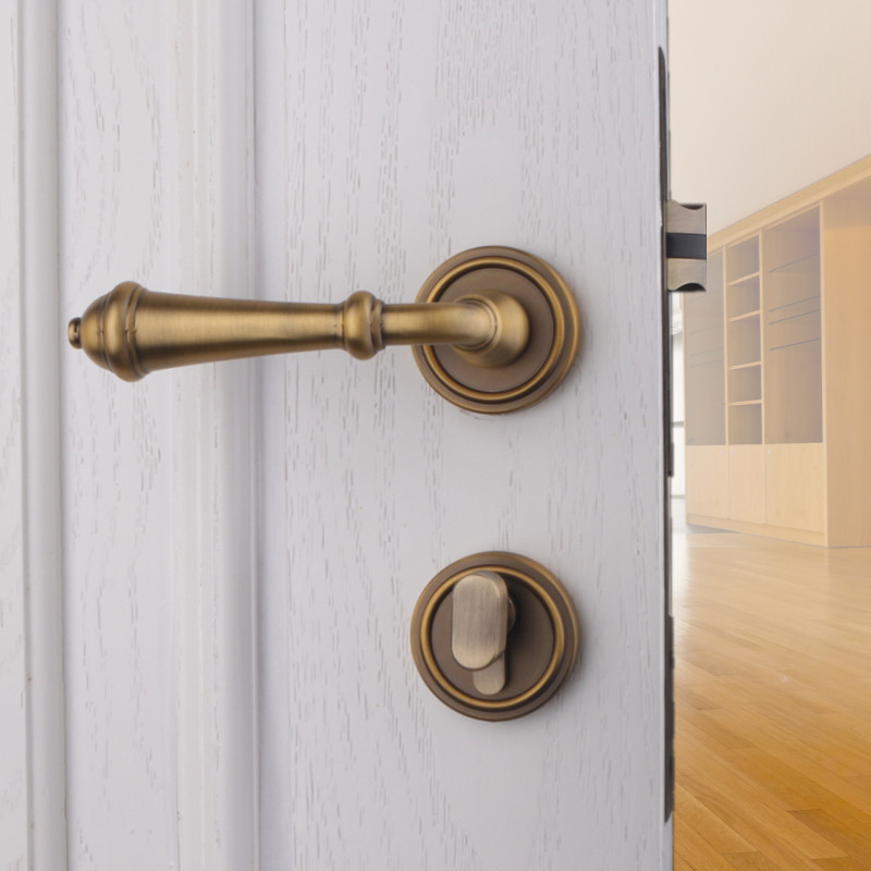 依佰利法式黄古铜门锁复古卧室房门锁静音磁吸门锁法国古典门把手