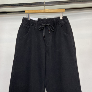 新款休闲松紧腰宽松男女港风阔裤腿老爹直筒纯黑色宽脚系绳牛仔裤