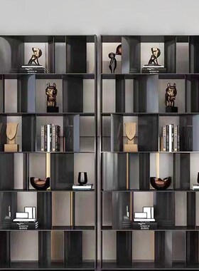 意式极简书架落地轻奢金属展示架实心钢板柜多层别墅书柜设计师款