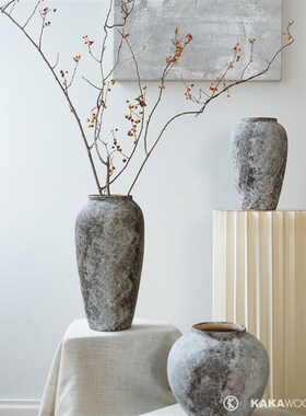 斑驳粗陶瓶复古新中式侘寂风陶罐装饰品摆件玄关客厅高级插花神器