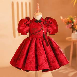 红色女童礼服中式国风走秀钢琴演出蓬蓬裙拜年主持生日儿童公主裙