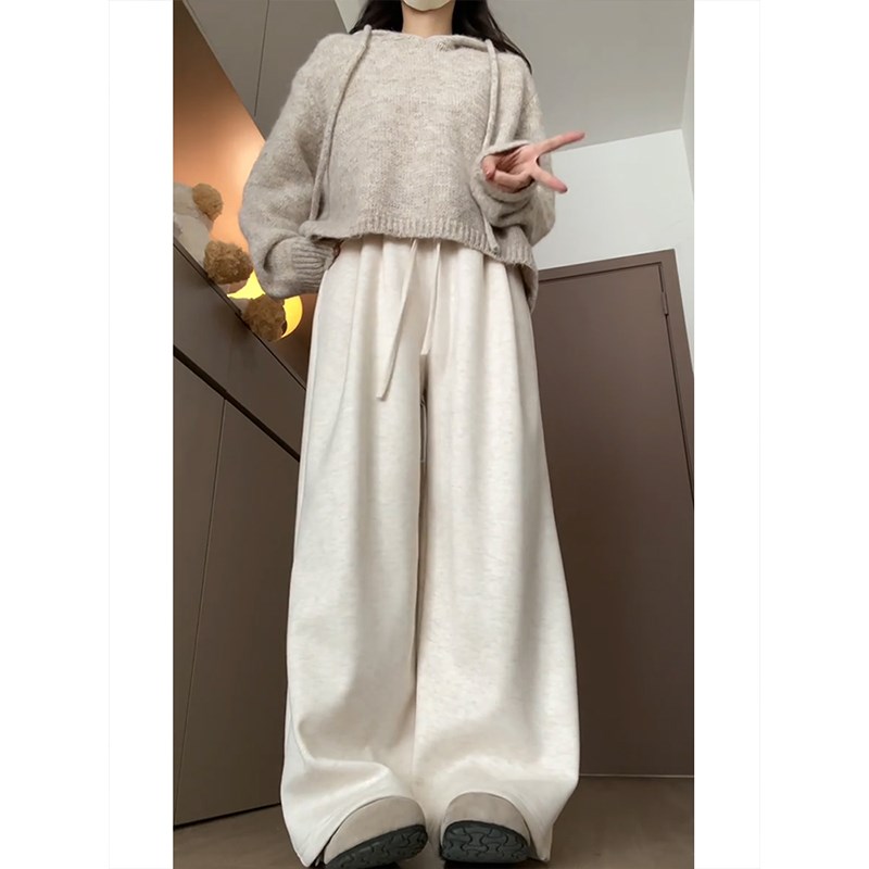 胖mm大码女装杏色羊羔毛加绒休闲裤女冬季保暖加厚杏色毛呢卫裤子