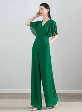 2023夏季新款连体裤绿色荷叶边V领修身显瘦时尚阔腿裤直通长裤