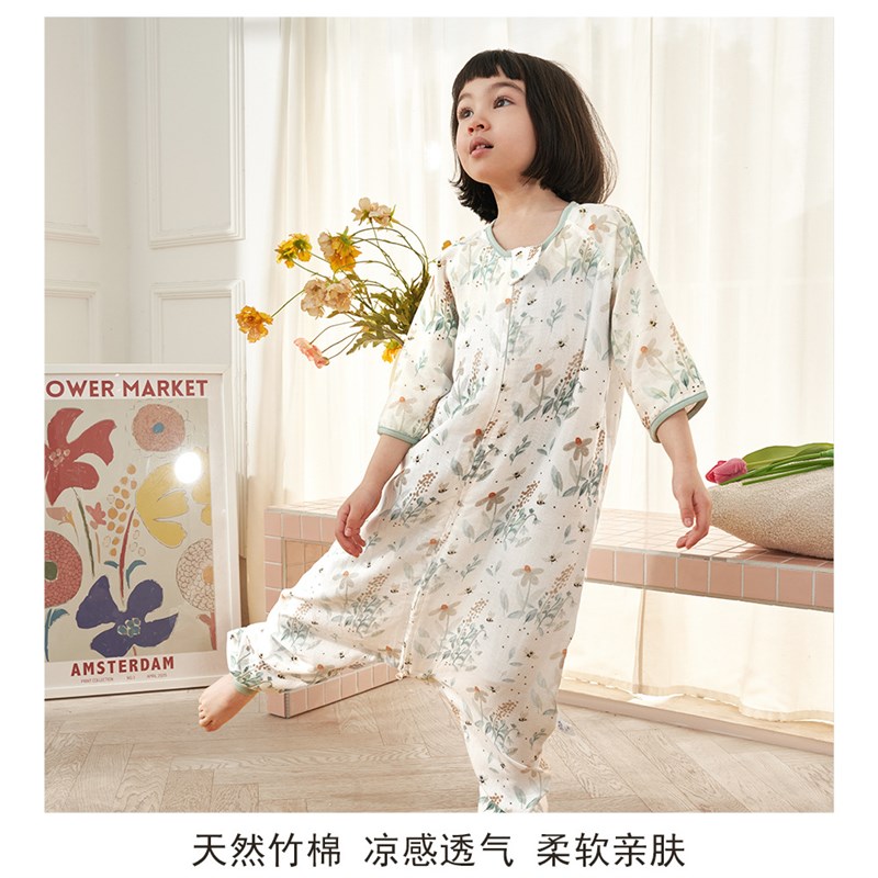 安旦新款儿童睡袋夏季双层竹棉纱布七分袖婴儿分腿宝宝睡袋防踢被