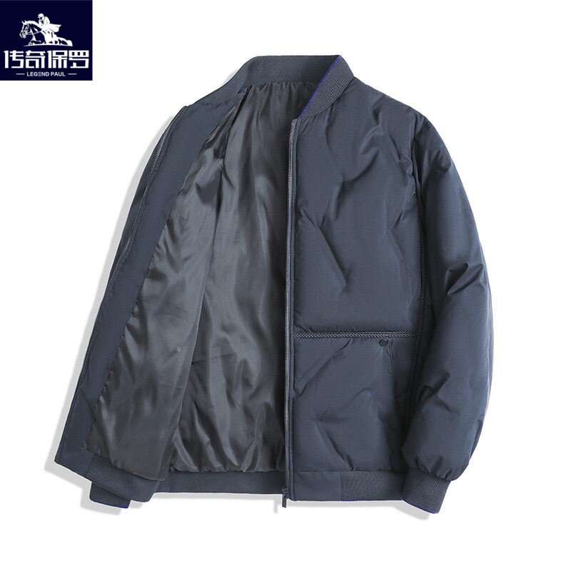 保罗男士商务棒球领羽绒服冬季短款黑色加厚保暖轻薄鸭绒休闲外套