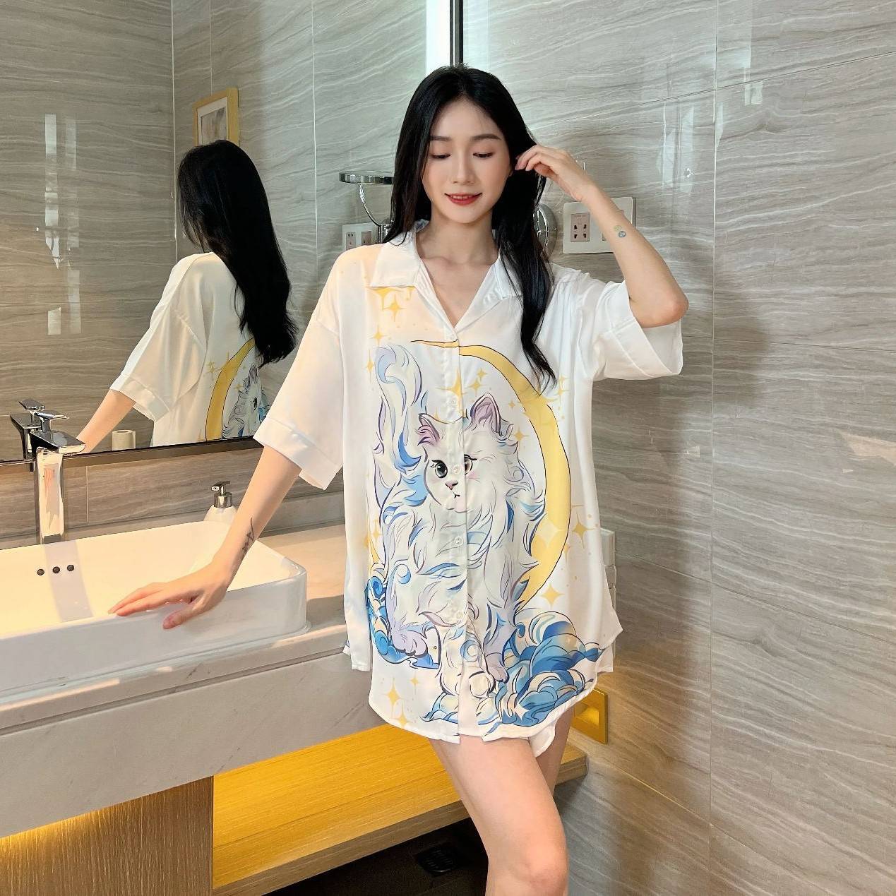 女士夏季冰丝薄款甜美印花睡裙