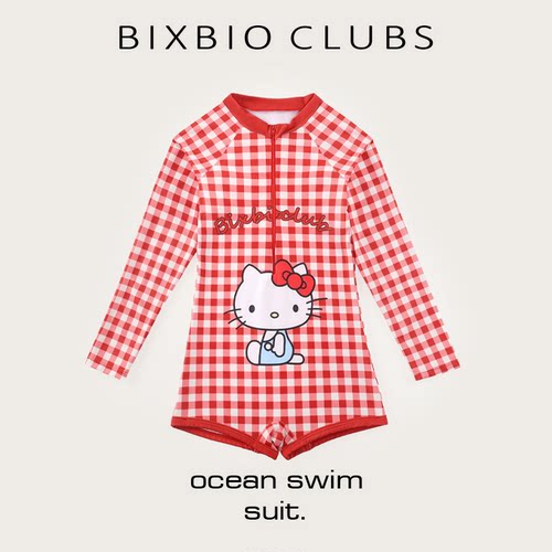 bixbio高颜值甜美KT猫高级长袖防晒中大童女孩女童儿童连体游泳衣