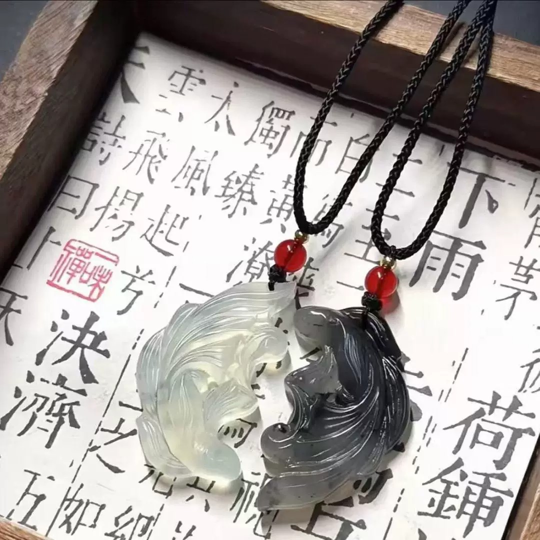 压襟双鱼佩灵动小鱼古风汉服配饰旗袍装饰桌面摆件青色汉服配件
