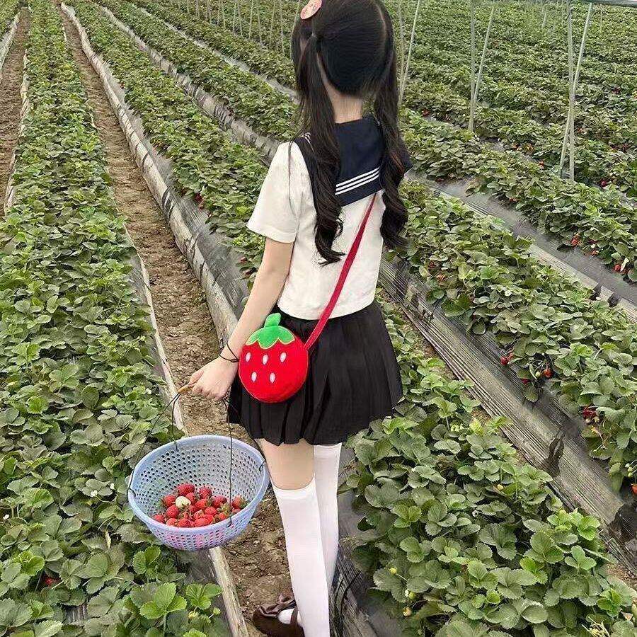 毛绒草莓卡通斜挎包儿童成人简约迷你单肩随身便携收纳