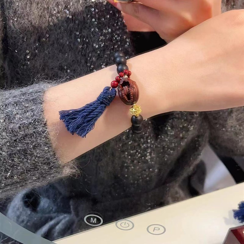 现货速发设计药沉单圈手链搭配紫檀无相朱砂跑环流苏佛珠手串T144