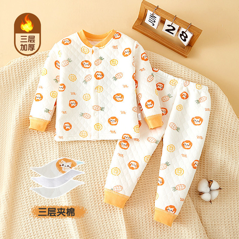 宝宝夹棉保暖套装男女童秋冬纯棉家居服婴幼儿秋衣分体按扣两件套