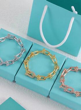 高级玫瑰金HardWear系列竹节马蹄扣大号链环镶钻手链竹节情侣礼物