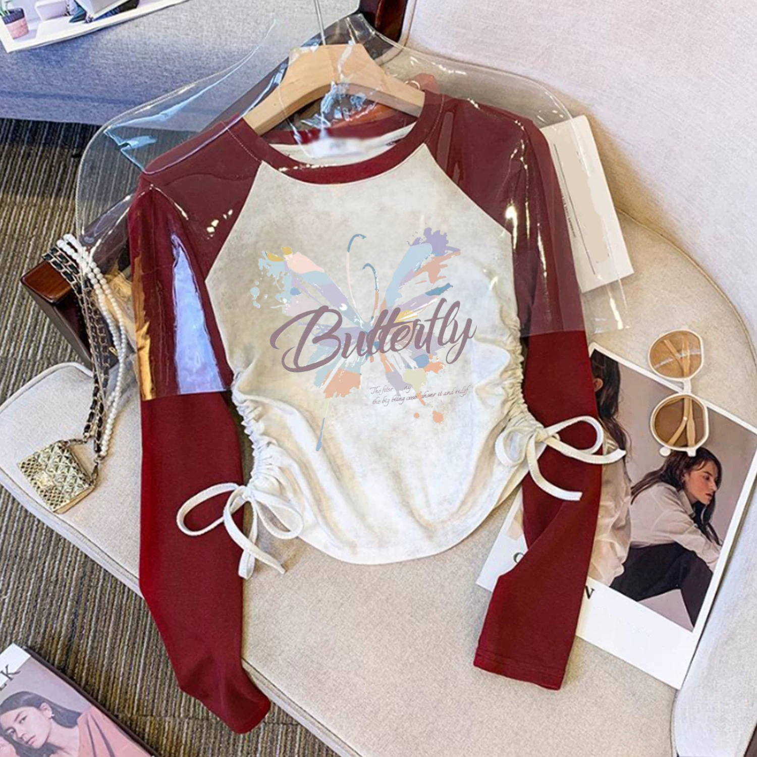 2025新款纯棉女童抽绳T恤春秋洋气长袖中大童打底儿童上衣小众潮,童装/婴儿装/亲子装,T恤,淘宝优惠券,粉丝福利购,淘宝优惠卷