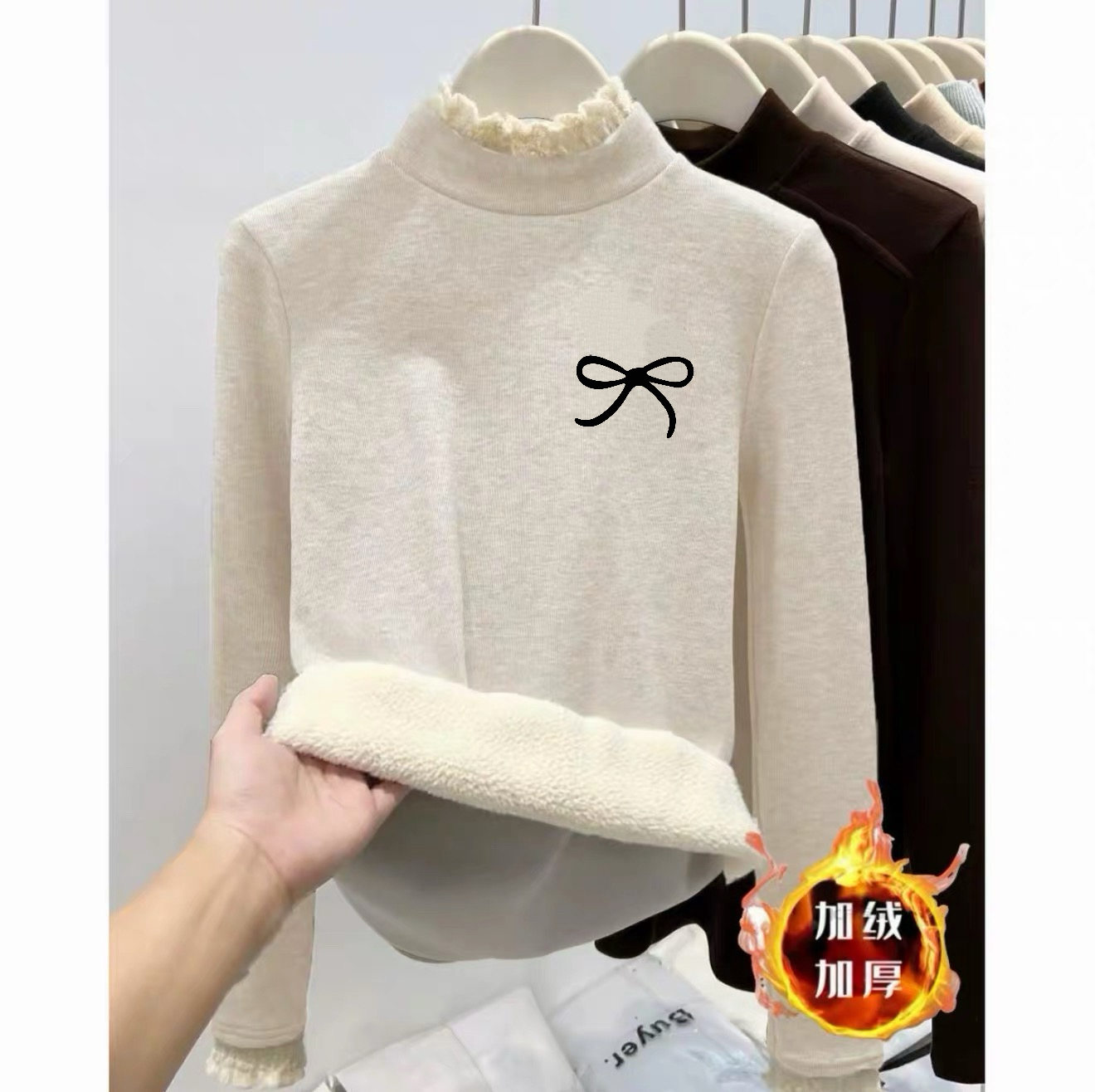 女童打底衫加绒加厚半高领长袖卫衣新款中大童一体绒保暖印花上衣