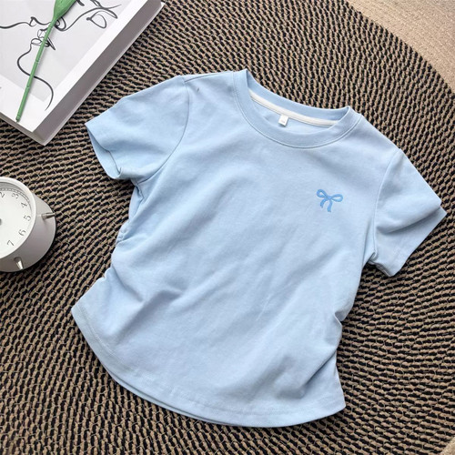 纯棉中大童短袖T恤夏季新款多巴胺穿搭女童收腰设计感小众上衣ins