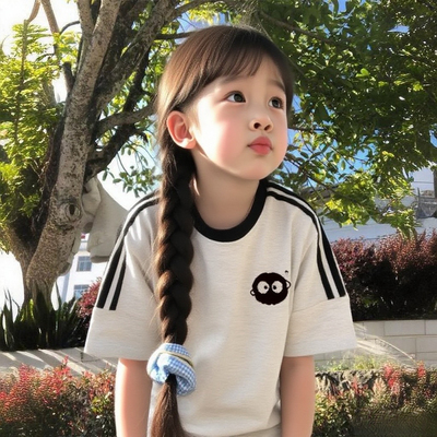 米灰色三条杠短袖t恤女童夏季2025新款hellokitty宽松中大童上衣