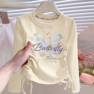 中大童百搭洋气春秋T恤上衣ins 儿童长袖 2025新款 女童打底抽绳新款