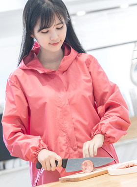 韩版时尚拉链风衣式大人罩衣女士长袖防水防油Q厨房围裙带帽工作
