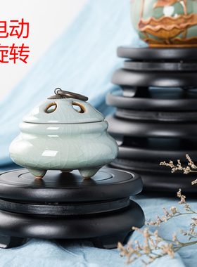 自动旋转底座聚宝盆根s雕木雕实木圆形底座奇石工艺品摆饰托盘