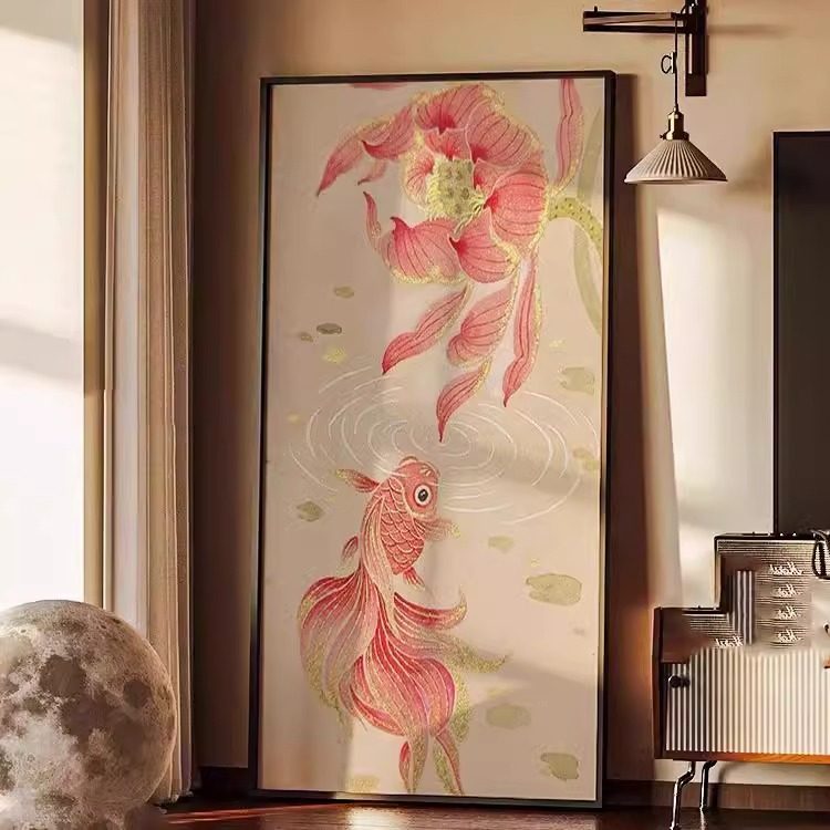 新中式好运锦鲤入户玄关装饰画宋代美学九鱼图聚财客厅粉金鱼挂画,家居饰品,现代装饰画,淘宝优惠券,粉丝福利购,淘宝优惠卷