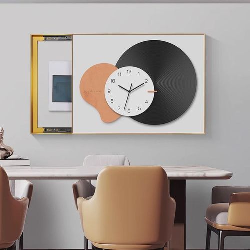 新中式电表箱装饰画带时钟遮挡配电箱挂画钟表电表盒壁画轻奢