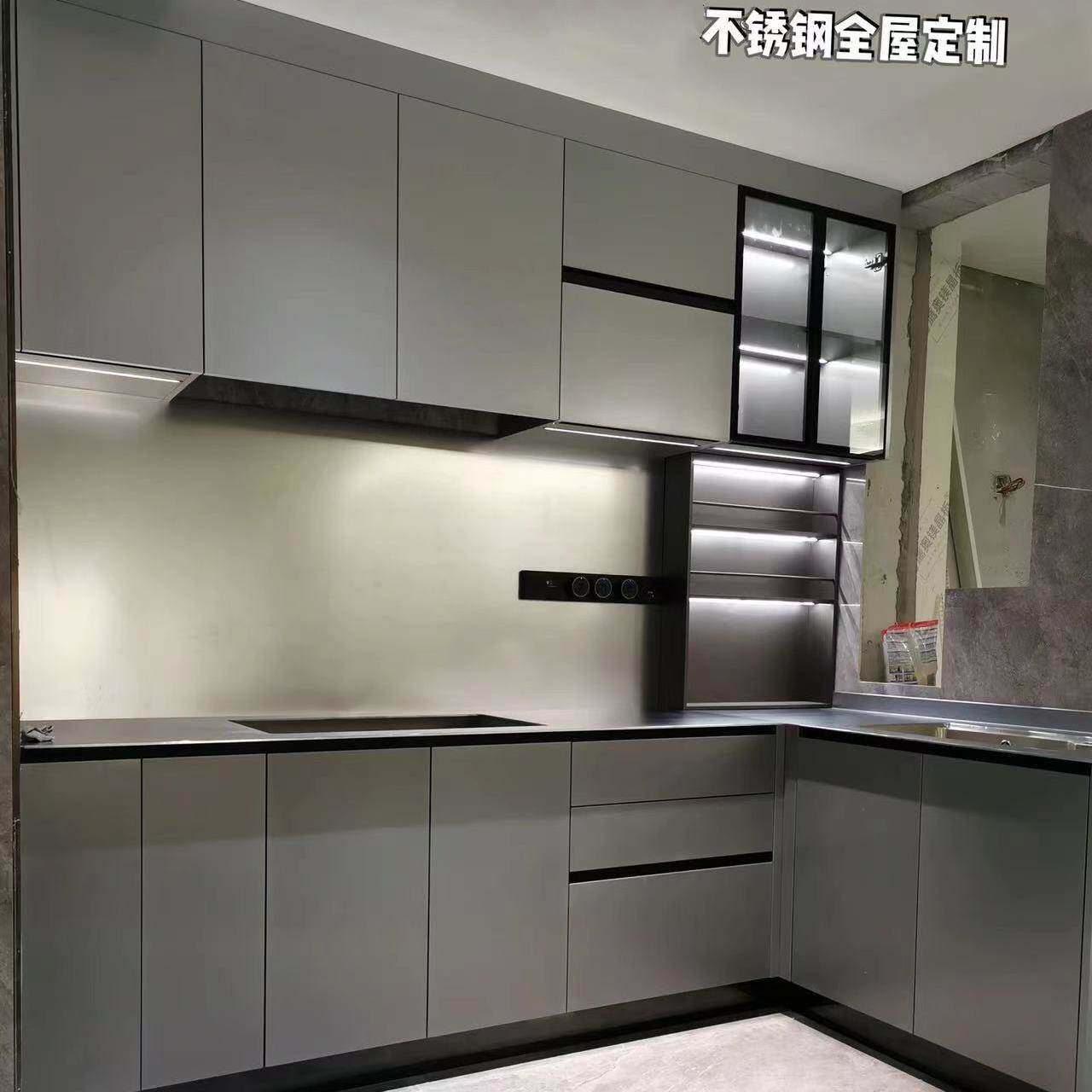 北京304不锈钢橱柜定制厨房整体台面全不锈钢201橱柜一体成型定做