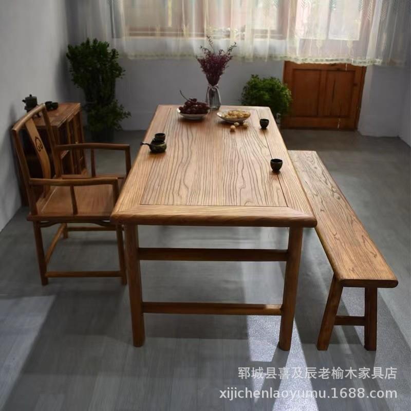 厂家一手老榆木门板茶桌民宿餐桌风化纹理餐桌农家乐田园实木餐桌
