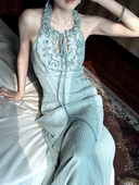 薄荷曼波 Lili百合乡原创仙气挂脖鱼尾裙夏少女感木耳边连衣裙