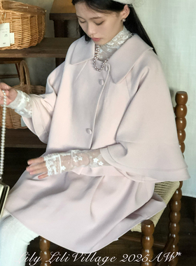 【雾荷】Lili百合乡原创樱花粉双层荷叶袖刺绣宽松短款斗篷秋季