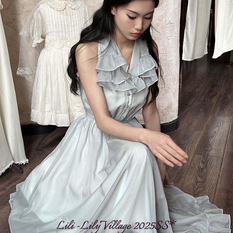 【月中纱】LIli百合乡|原创夏装蓝色堆叠荷叶深V领挂脖无袖连衣裙