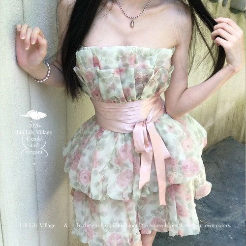 玫瑰枝蔓印花收腰撞色抹胸花苞裙