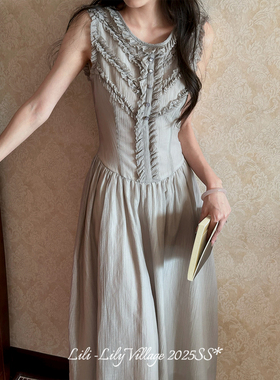 【银羽书】LIli百合乡原创精致木耳边棉麻无袖收腰长裙灰色连衣裙