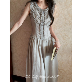 【银羽书】LIli百合乡原创精致木耳边棉麻无袖收腰长裙灰色连衣裙