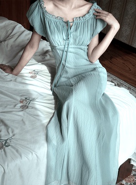 Lili百合乡|原创抽绳可调节薄荷绿复古系带花苞袖修身鱼尾长裙女